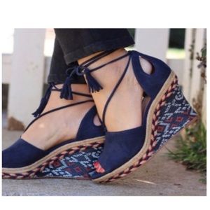 CAbi Navy Blue Wedges with Patterned Sole